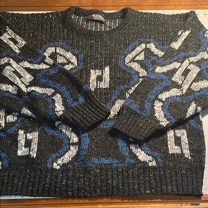 Scandia Black and Blue Patterned Crewneck Sweater Large